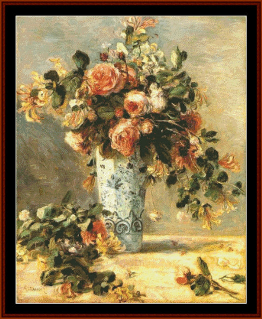 Roses & Jasmine in Delft Vase - Renoir cross stitch pattern