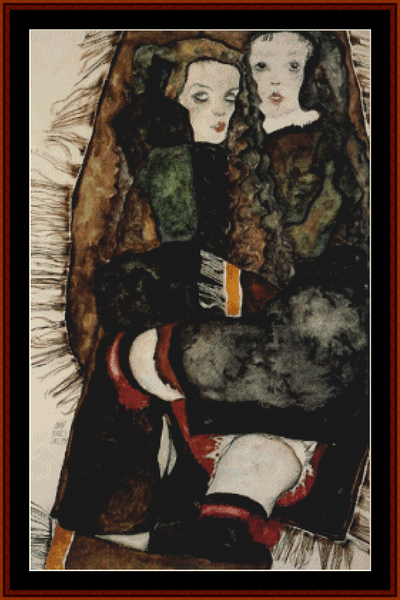 Two Girls on Fringed Blanket - Egon Schiele cross stitch pattern