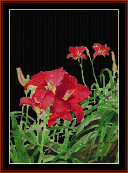 Red Day Lilies, Night pdf cross stitch pattern