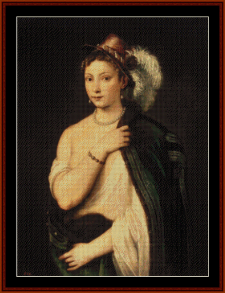 Young Woman with Feather Hat - Titian cross stitch pattern