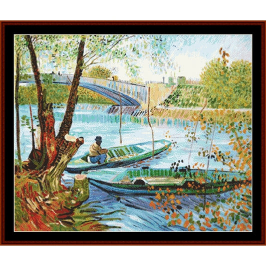 Counted Cross Stitch Pattern by Cross Stitch Collectiblesof a canal scene with boats and a person sitting on a bench