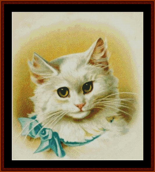Cat with Blue Ribbon - Vintage Art pdf cross stitch pattern