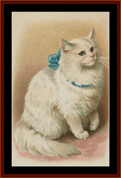 Vintage Cat with Blue Ribbon II pdf cross stitch pattern
