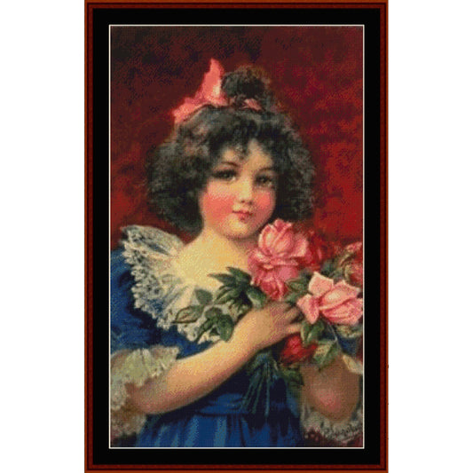 Girl with Pink Roses pdf counted cross stitch pattern