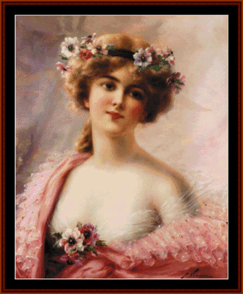 Girl with Anemones - Emile Vernon pdf cross stitch pattern