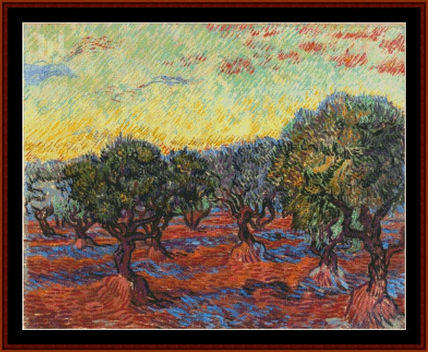 Olive Grove with Orange Sky - Vincent Van Gogh pdf cross stitch pattern