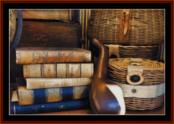 Books and Baskets - Vintage Art pdf cross stitch pattern