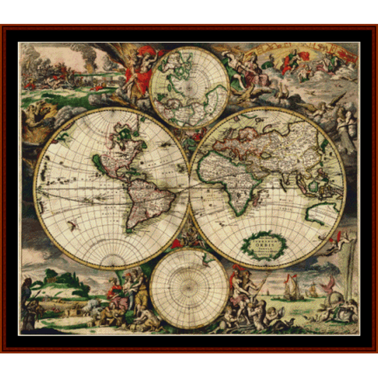 17th Century World Map pdf cross stitch pattern
