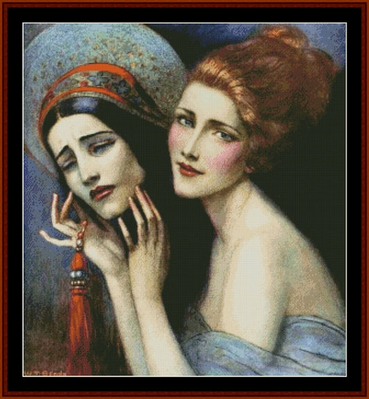 Woman with Mask - Vintage Art pdf cross stitch pattern