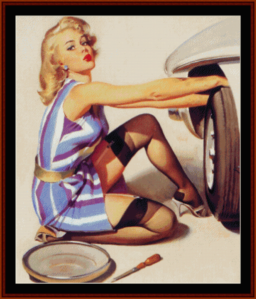 Pin-Up Changing Tire - Vintage Poster pdf cross stitch pattern