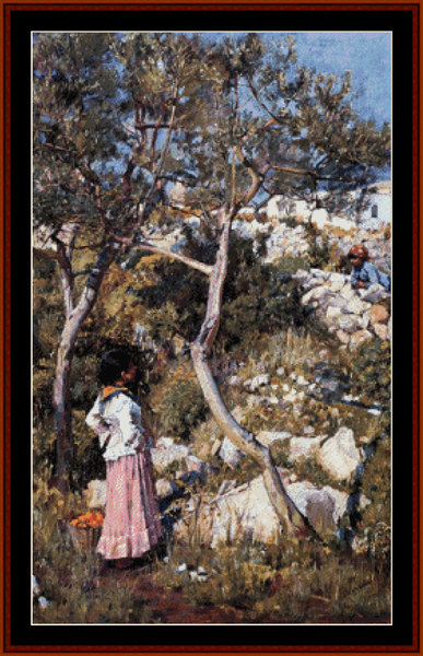 Italian Girls by a Village - J.W. Waterhouse pdf cross stitch pattern